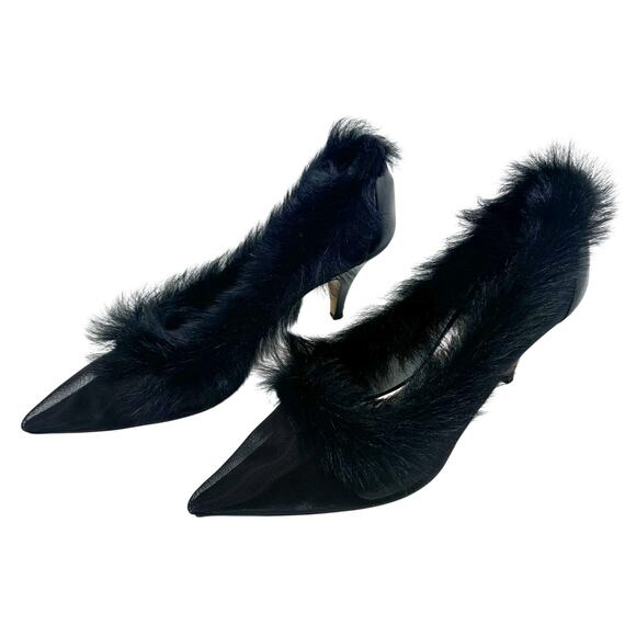 Khaite Shoes - Khaite Black Mesh Fur River Iconic Pointed Toe Pump Heel Size 40 US 10 3" Heel